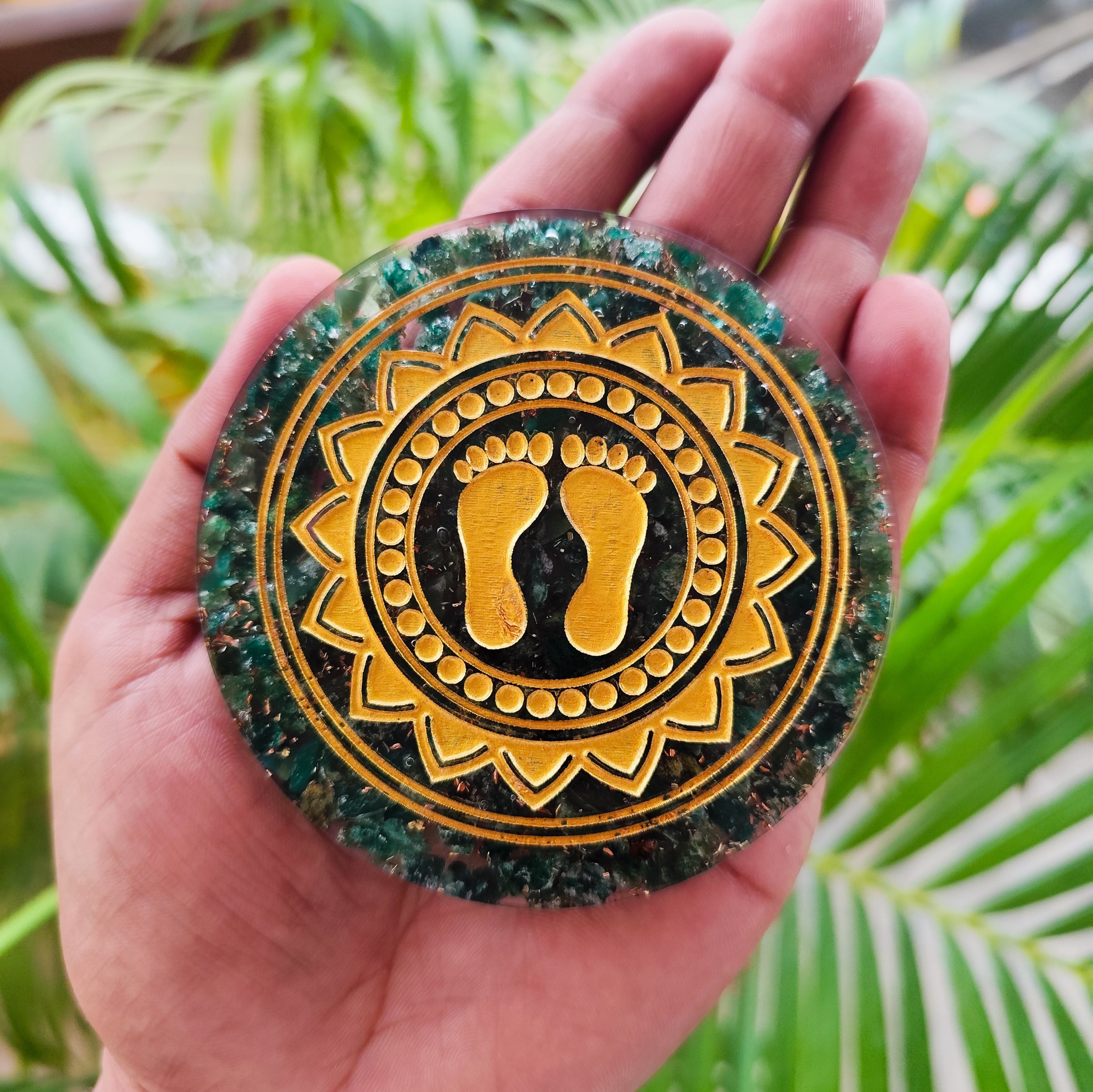 Green Jade Laxmi Charan Engraved Orgonite Plate